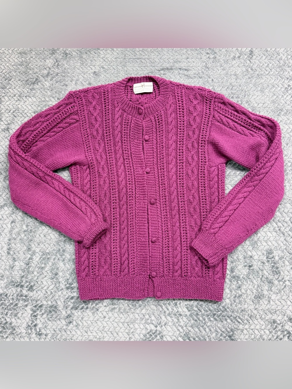 Vintage Peruvian Connection 100% Alpaca Handmade Magenta Cable Knit Cardigan